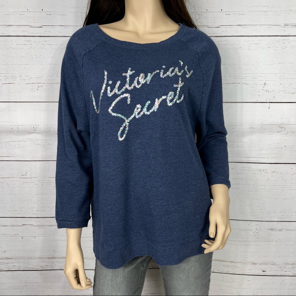VICTORIA'S SECRET Heathered Navy Blue Sequin Crew Sweatshirt with 3/4 Sleeves